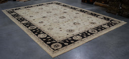 10x14 Pakistan Oushak Ivory Black Wool Rectangular Rug