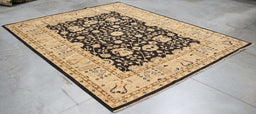 8x10 Pakistan Oushak Black Ivory Wool Rectangular Rug