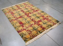 4x6 Nepal Abstract Modern Contemporary Gold Red Wool Rectangular Rug