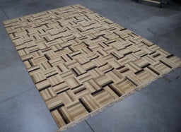 6x9 Nepal Abstract Modern Contemporary Checkered Ivory Brown Wool Rectangular Rug