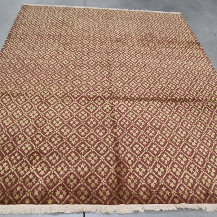 6x9 Nepal Abstract Modern Contemporary Red Burgundy Gold Wool and Silk Rectangular Rug