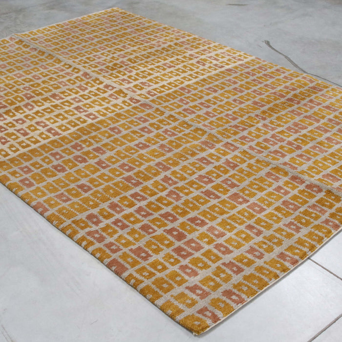 6x9 Nepal Abstract Modern Contemporary Checkered Multicolored Gold Wool Rectangular Rug