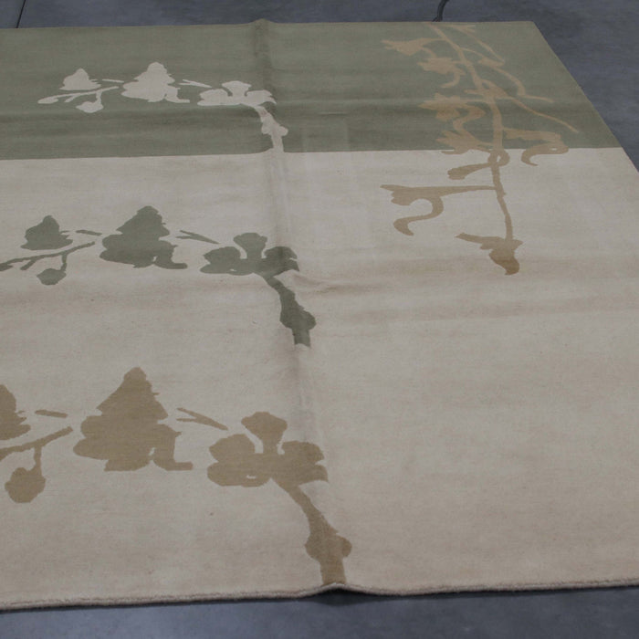 6x9 Nepal Abstract Modern Contemporary Ivory Green Wool Rectangular Rug