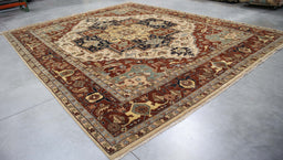 11x14 India Persian Geometric Heriz Red Navy Blue Wool Rectangular Rug