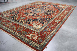 12x16 India Persian Geometric Heriz Red Navy Blue Wool Rectangular Rug