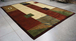 10x13 India Abstract Modern Contemporary Multicolored Green Wool Rectangular Rug