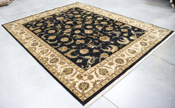 8x9 India Jaipur Black Ivory Wool and Silk Rectangular Rug