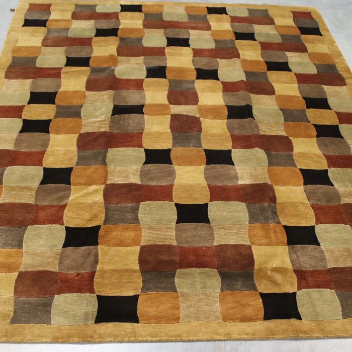 8x9 India Abstract Modern Contemporary Checkered Multicolored Brown Wool Rectangular Rug