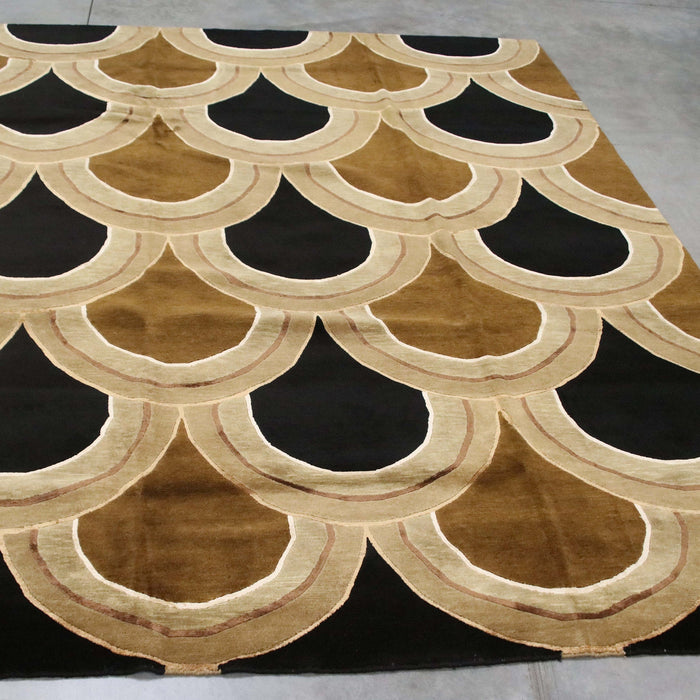 8x11 India Abstract Modern Contemporary Brown Black Wool and Silk Rectangular Rug