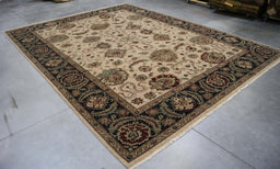 9x12 India Oushak Ivory Black Wool Rectangular Rug