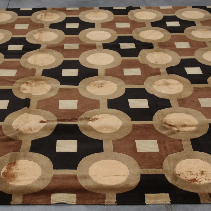 8x10 India Abstract Modern Contemporary Brown Black Wool and Silk Rectangular Rug