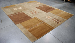 8x10 India Abstract Modern Contemporary Brown Gold Wool and Silk Rectangular Rug