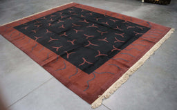 8x10 India Abstract Modern Contemporary Black Red Wool Rectangular Rug