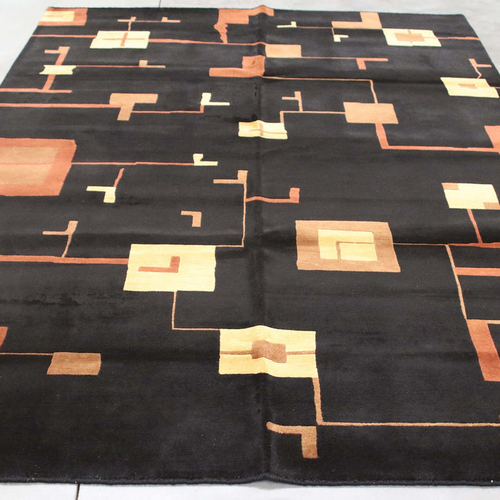 6x9 India Abstract Modern Contemporary Black Brown Wool and Silk Rectangular Rug