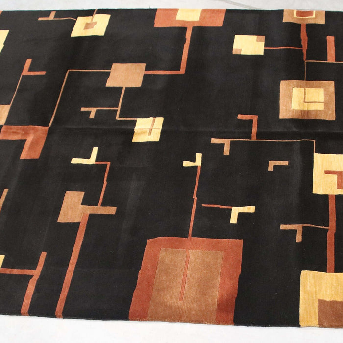 6x9 India Abstract Modern Contemporary Black Brown Wool and Silk Rectangular Rug