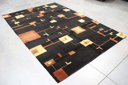6x9 India Abstract Modern Contemporary Black Brown Wool and Silk Rectangular Rug
