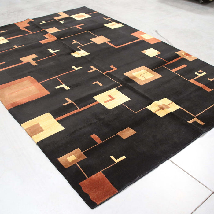 6x9 India Abstract Modern Contemporary Black Brown Wool and Silk Rectangular Rug