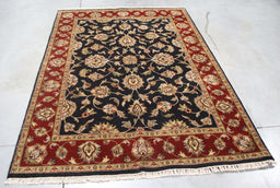 4x7 India Jaipur Black Red Burgundy Wool Rectangular Rug