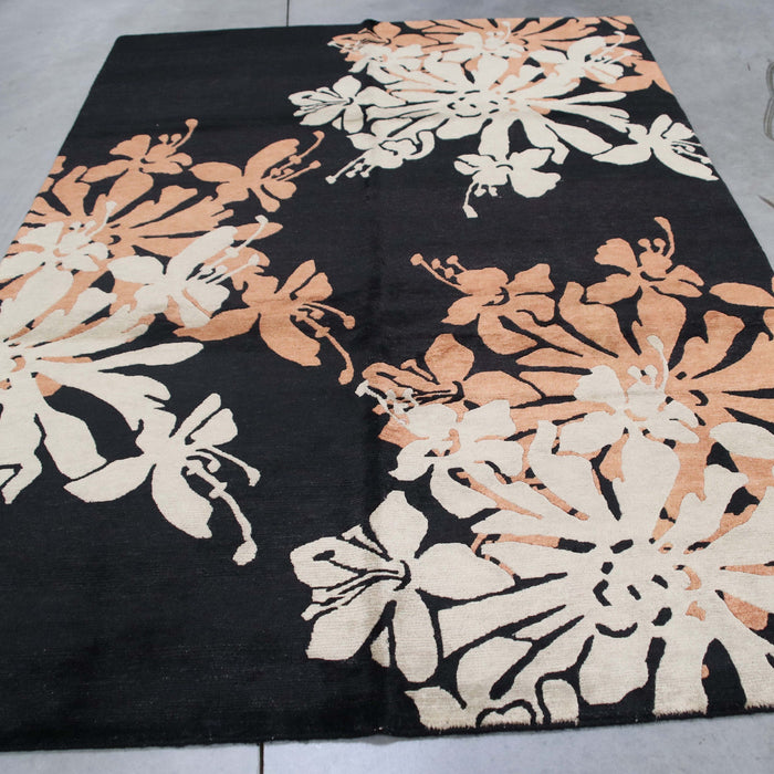 6x9 India Abstract Modern Contemporary Black Ivory Wool and Silk Rectangular Rug