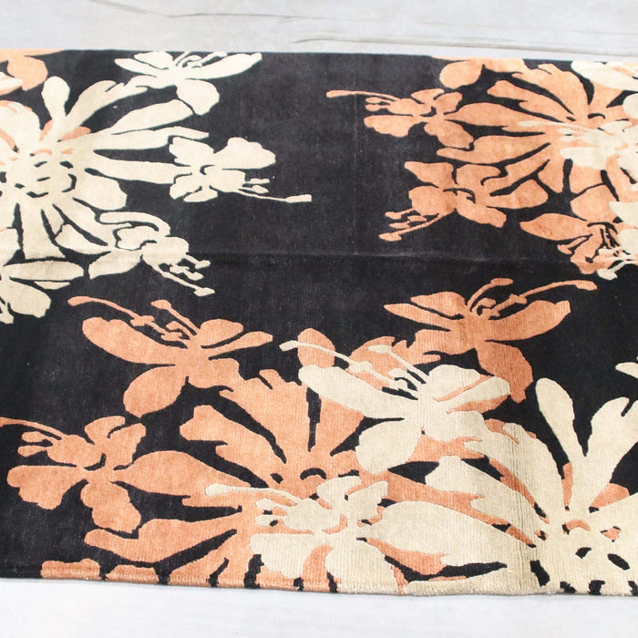 6x9 India Abstract Modern Contemporary Black Ivory Wool and Silk Rectangular Rug