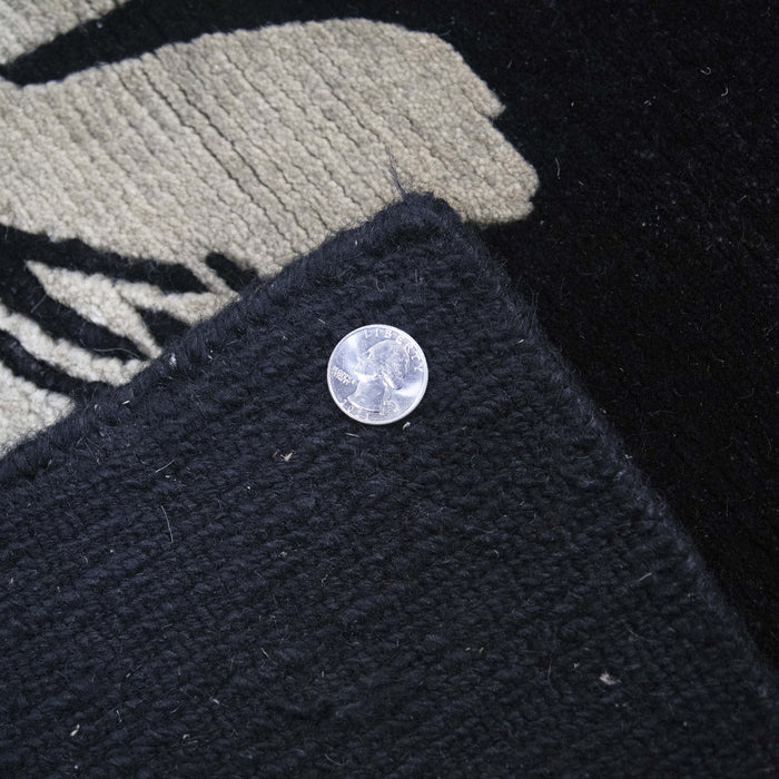 6x9 India Abstract Modern Contemporary Black Ivory Wool and Silk Rectangular Rug