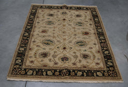 4x6 India Oushak Ivory Black Wool Rectangular Rug