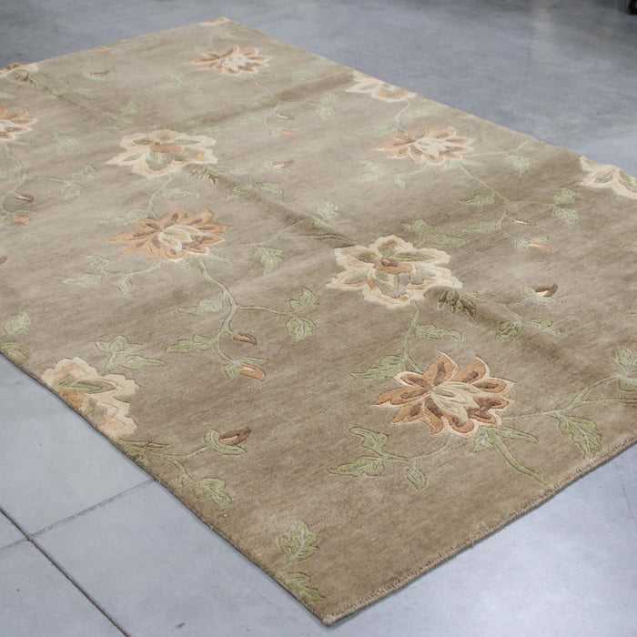 6x9 India Abstract Modern Contemporary Flowers Grey Brown Wool and Silk Rectangular Rug