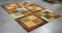 6x9 India Abstract Modern Contemporary Checkered Multicolored Green Wool Rectangular Rug