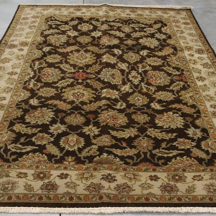 6x8 India Jaipur Brown Ivory Wool Rectangular Rug
