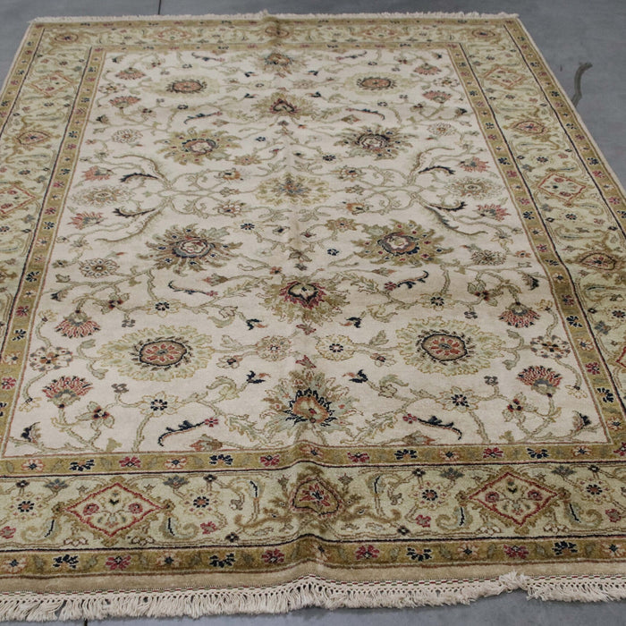6x9 India Jaipur Ivory Green Wool Rectangular Rug