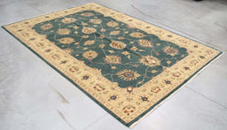 6x9 India Oushak Green Gold Wool Rectangular Rug