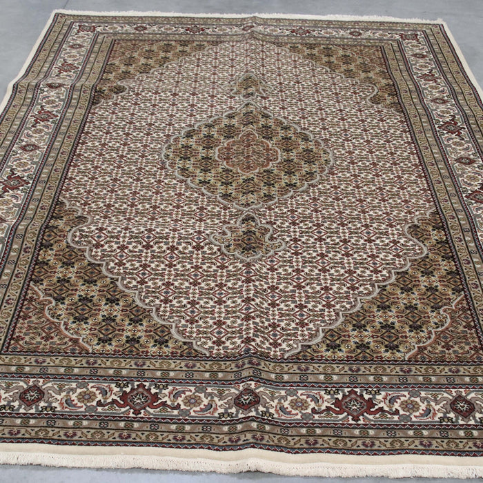 6x9 India Persian Tabriz Mahi Fish Ivory Brown Wool and Silk Rectangular Rug