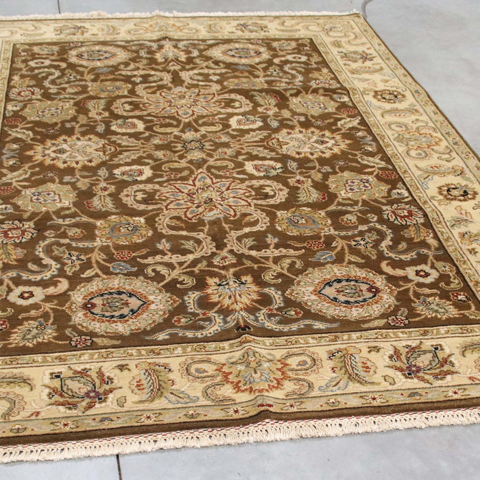 6x9 India Jaipur Brown Ivory Wool Rectangular Rug