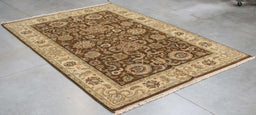 6x9 India Jaipur Brown Ivory Wool Rectangular Rug