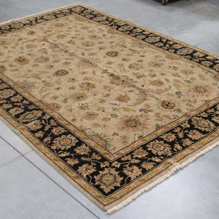 6x8 India Oushak Ivory Black Wool Rectangular Rug