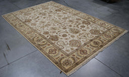 6x9 India Oushak Ivory Brown Wool Rectangular Rug
