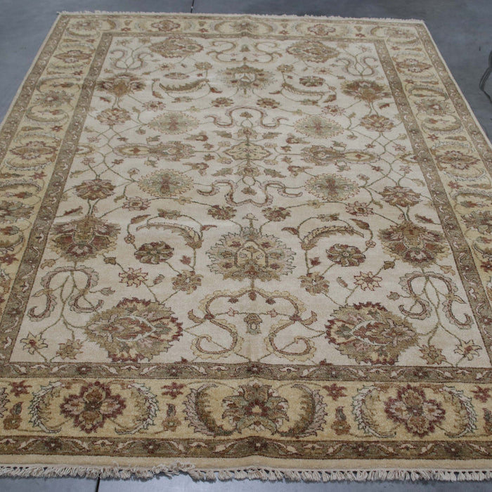 6x9 India Oushak Ivory Brown Wool Rectangular Rug