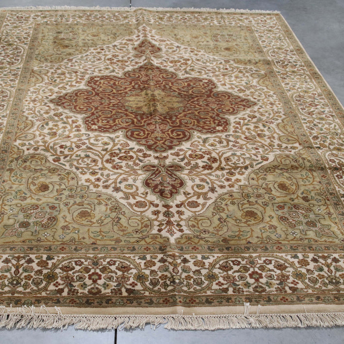 6x8 India Jaipur Medallion Ivory Green Wool Rectangular Rug