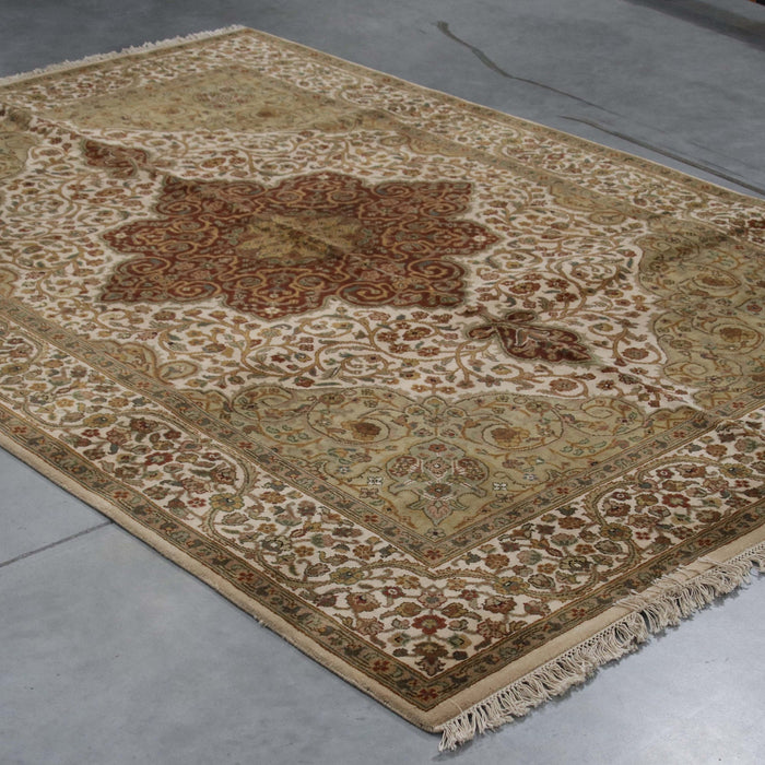 6x8 India Jaipur Medallion Ivory Green Wool Rectangular Rug
