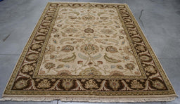 6x9 India Jaipur Ivory Brown Wool Rectangular Rug