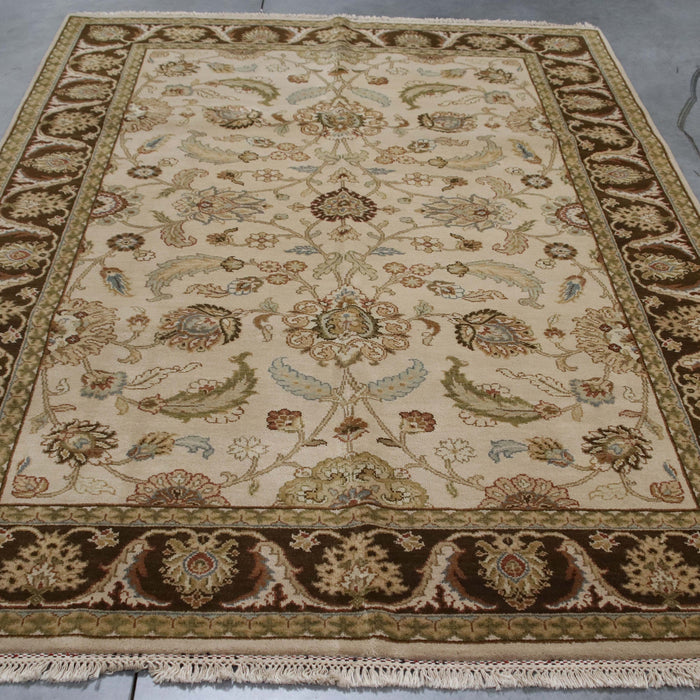 6x9 India Jaipur Ivory Brown Wool Rectangular Rug