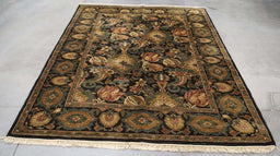 6x9 India Jaipur Black Green Wool Rectangular Rug