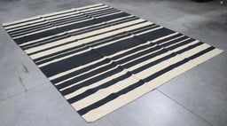 7x10 India Striped Flat Weave White Black Wool Rectangular Rug