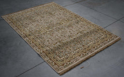 4x6 India Japiur Traditional Ivory Green Wool Rectangular Rug