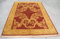 6x9 India Abstract Modern Contemporary Red Burgundy Gold Wool Rectangular Rug