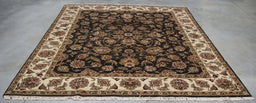 7x10 India Japiur Traditional Black Ivory Wool Rectangular Rug
