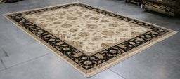 9x12 India Oushak Ivory Black Wool Rectangular Rug