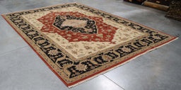 8x13 India Persian Heriz Terracotta Black Wool Rectangular Rug