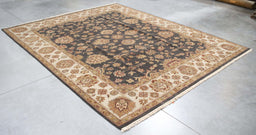 8x9 India Japiur Traditional Black Ivory Wool Rectangular Rug