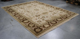 8x11 India Japiur Traditional Ivory Brown Wool Rectangular Rug
